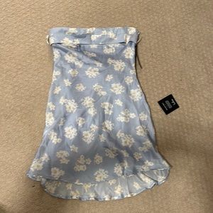 Floral, satin blue, strapless mini dress with folded over top